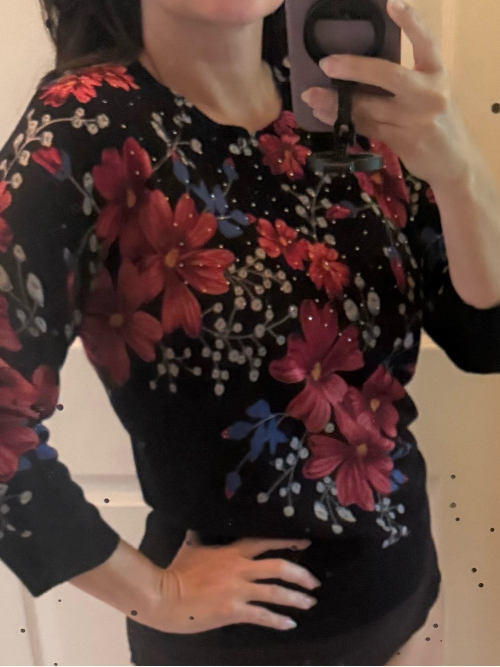 Cathy Daniels Black Floral Crewneck Sweater with Red & Blue Accents